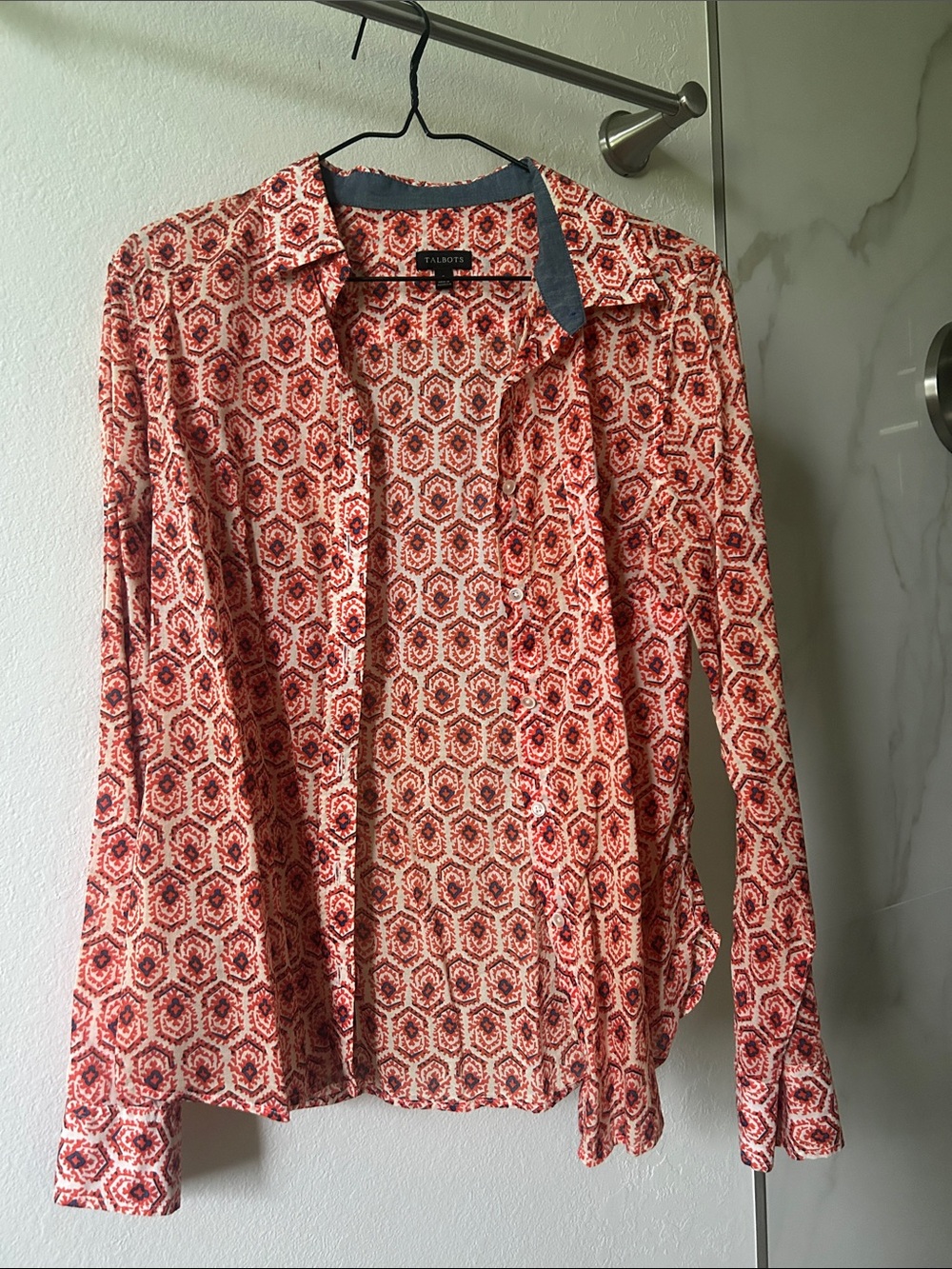 Talbots Orange and Cream Geometric Button-Down Shirt